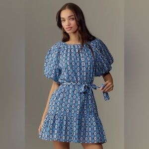 Blue Puffer Sleeve Mini Dress